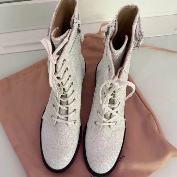 Stuart Weitzman New Crystal Buckle White glitter sparkle Lace-Up combat Boots 9
